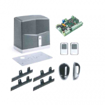 Motorización de puerta corredera Slidegate FIRST (1 motor, 1 unidad de control, 2 controles remotos, 1 indicador LED, 1 juego de células, cremallera de 4 ml, placa de montaje)