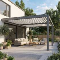 Pérgola bioclimática motorizada (2 módulos) con lamas aluminio orientables, adosada - terraza