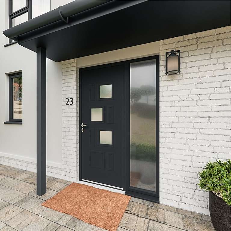 Puerta de entrada ALU RAL 7016 con vidrio esmerilado y molduras