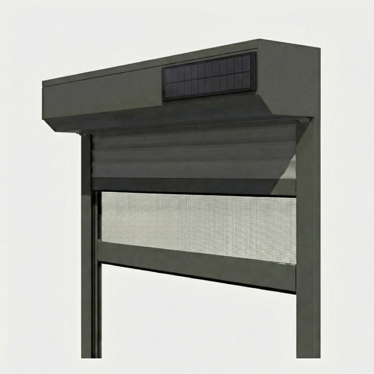 Persiana enrollable Aluminio renovación Solar motorización radio con mosquitera integrada gris