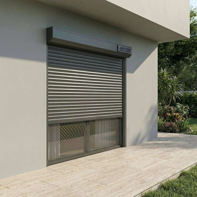 Persiana enrollable Aluminio renovación Solar motorización radio con mosquitera integrada bajo dintel