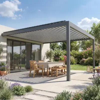 Pérgola bioclimática motorizada (1 módulo) con lamas aluminio orientables, adosada - terraza