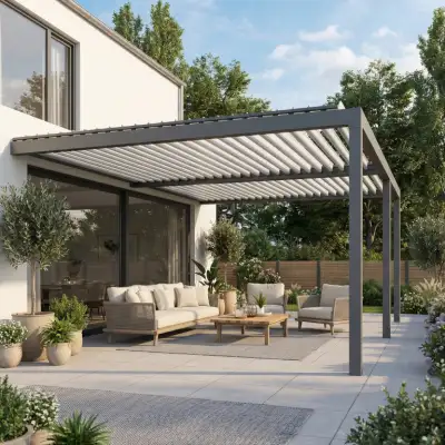 Pérgola bioclimática motorizada (2 módulos) con lamas aluminio orientables, adosada - terraza